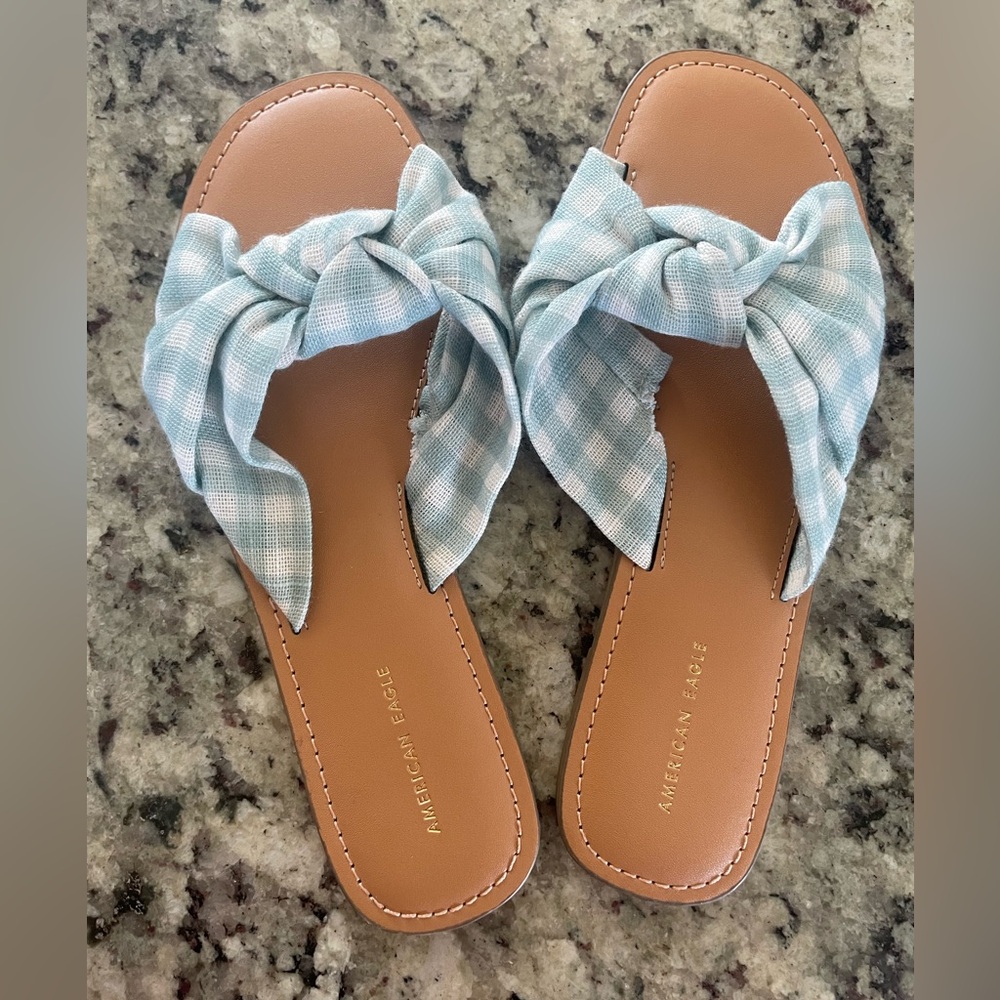 American Eagle Outfitters Light Blue Gingham Knot Slide Sandals 7